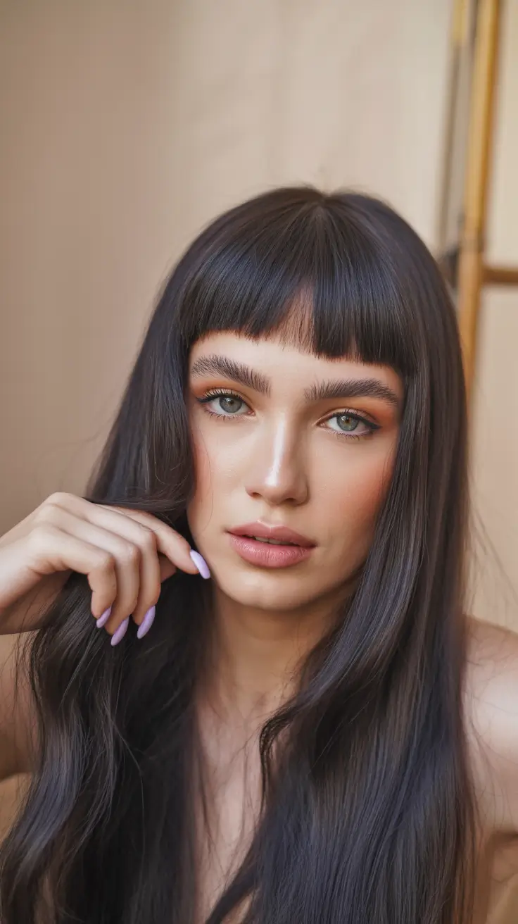 autumn fall haircuts Glossy Midnight Length with Baby Bangs