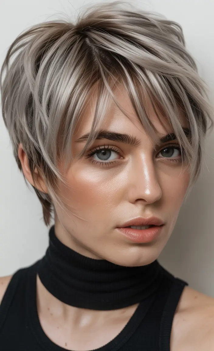 autumn fall haircuts Smoky Silver Pixie with Layers