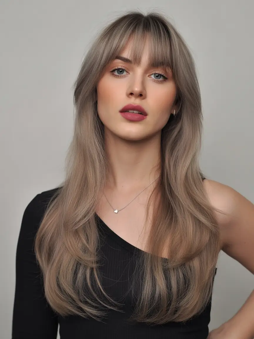 autumn fall haircuts Ash Blonde with Long Curtain Bangs