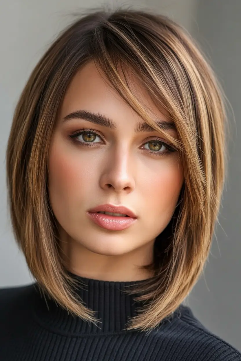 autumn fall haircuts Sleek Chestnut Bob with Side Bangs