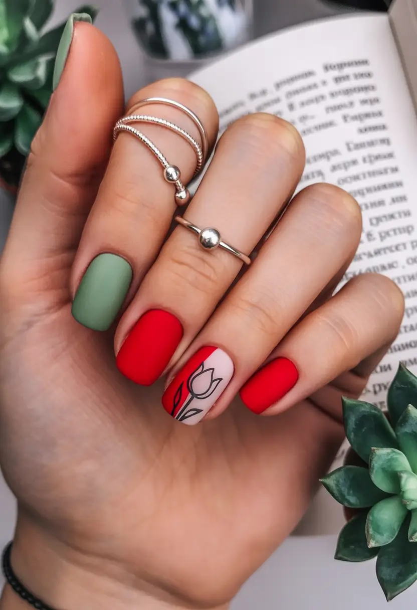 autumn nails designs Red & Green Pop Art