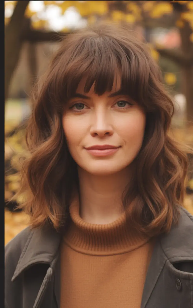 Mid length shag Fall haircut with bangs