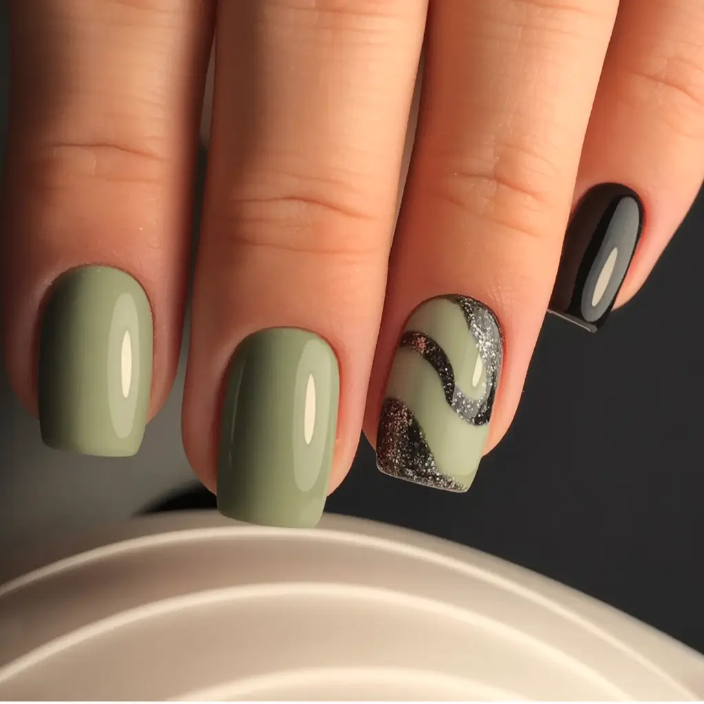 Popular Fall Nail Colors Sage Green with Glitter Waves