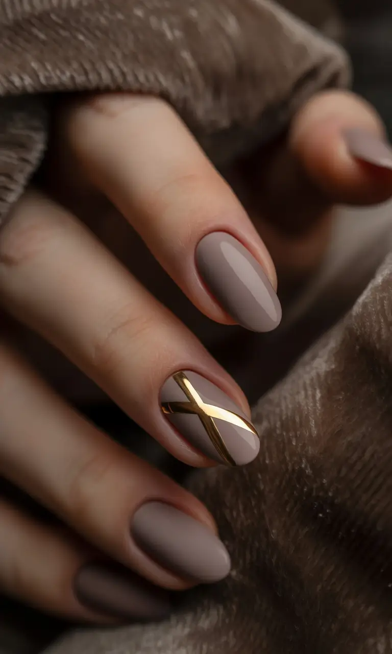 Popular Fall Nail Colors Minimalist Taupe with Gold Lines