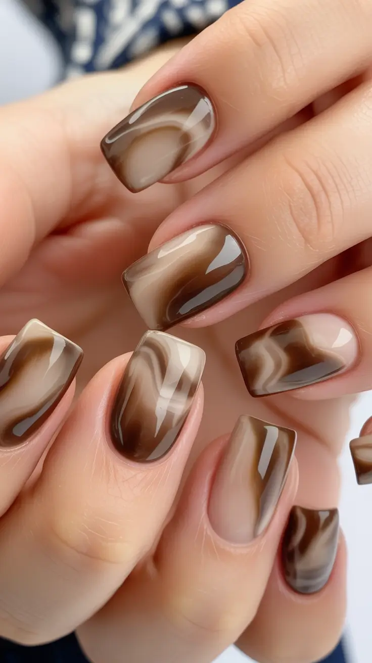 brown fall nails Mocha Marble Flow