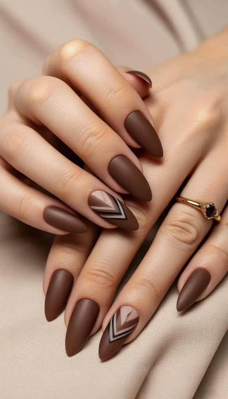 brown fall nails Matte Almond Geometry