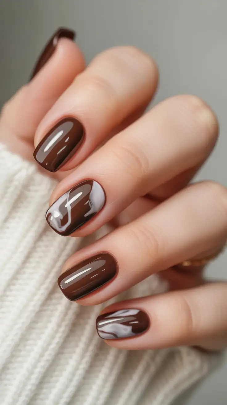 brown fall nails Glossy Espresso With Abstract Accents