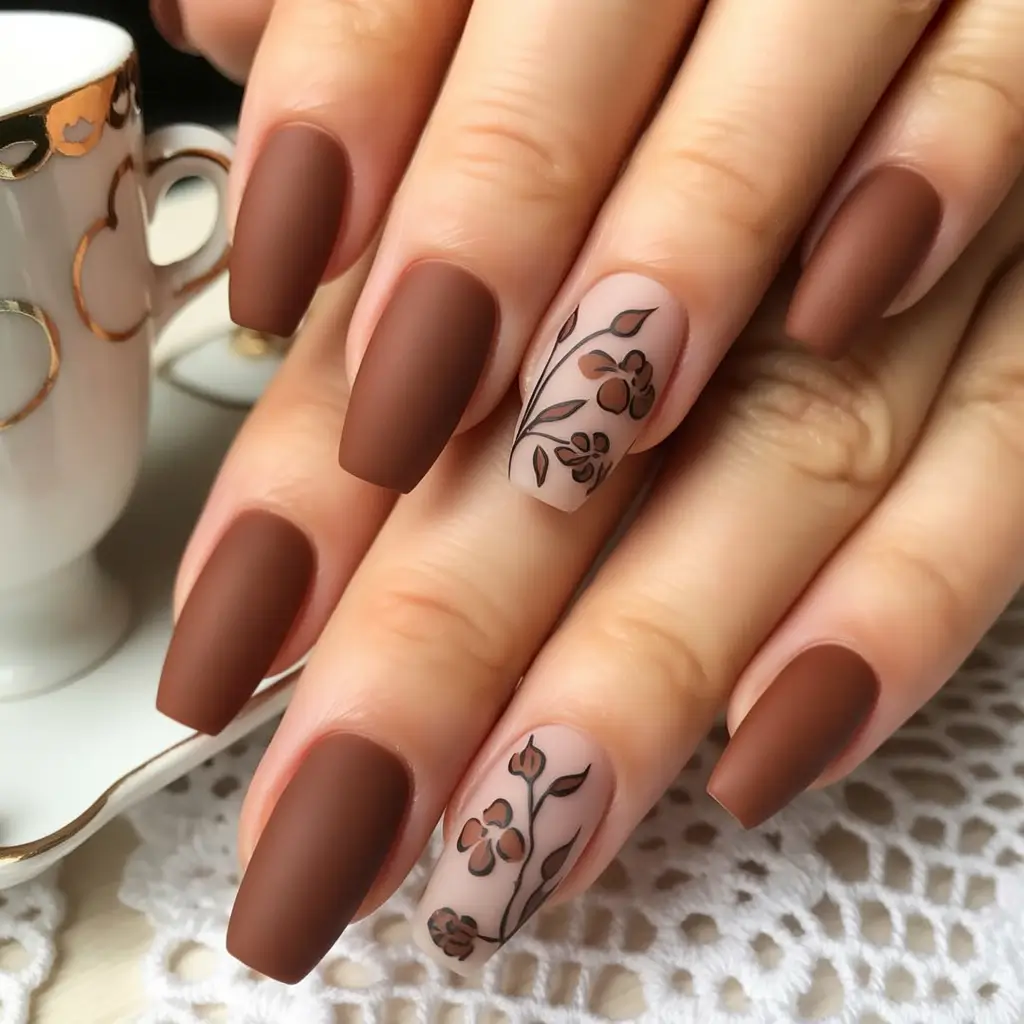 brown fall nails Delicate Florals on Matte Brown