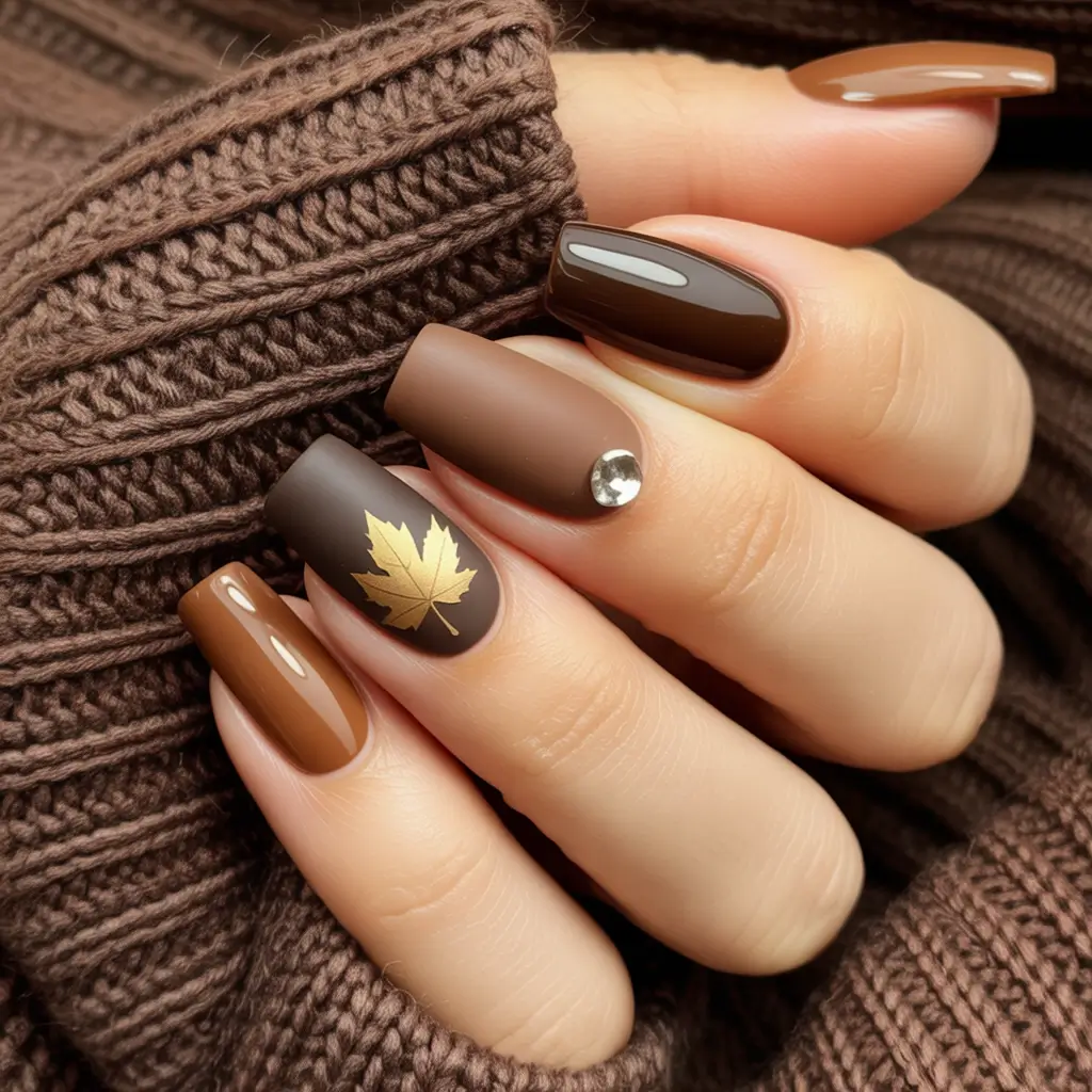 brown fall nails Golden Leaf Accent With Crystal