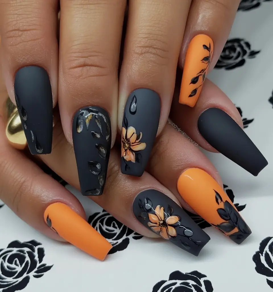 fall acrylic nails Matte Florals with a Moody Twist
