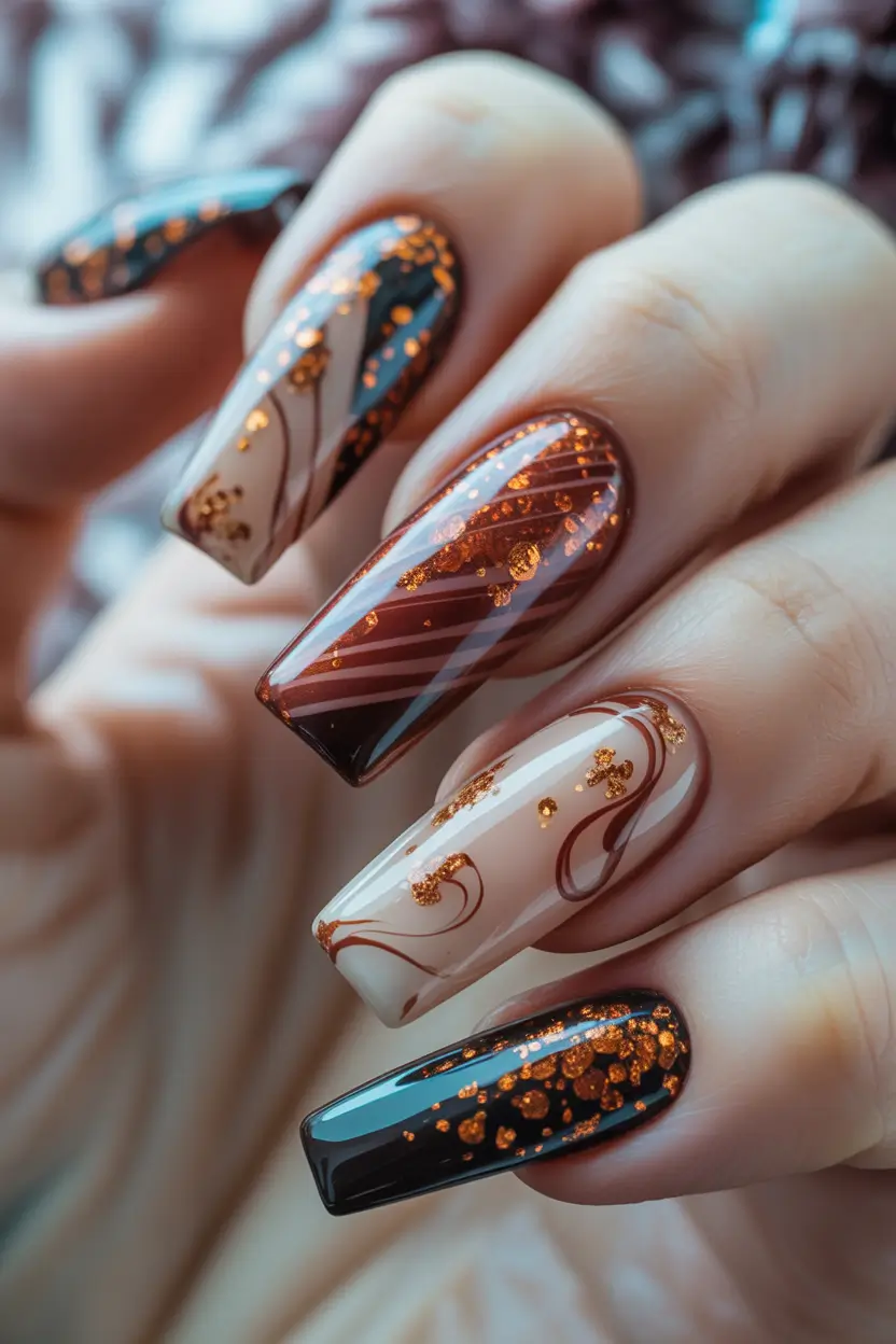 fall acrylic nails Espresso Sparkle with Swirl Drama