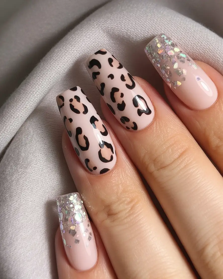 fall acrylic nails Leopard Luxe and Glitter Mix