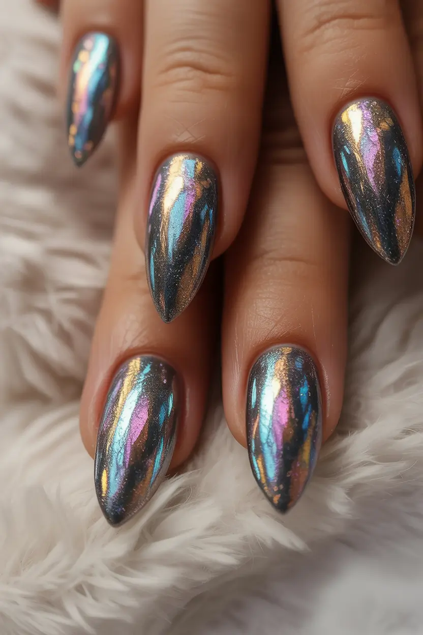 fall acrylic nails Oil Slick Chrome for Autumn Nights