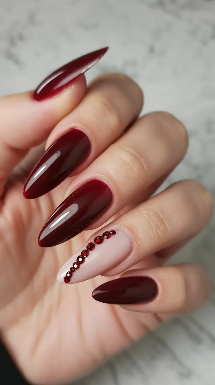 fall acrylic nails Crimson Rhinestones with a Soft Touch