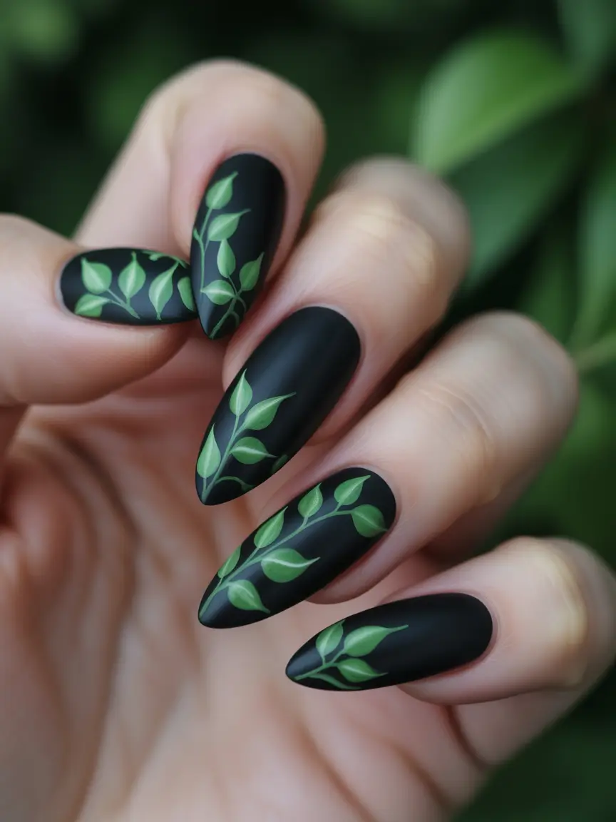 fall acrylic nails Matte Black and Botanical Green