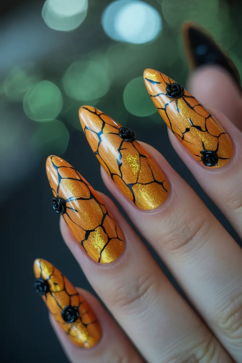 fall acrylic nails Golden Spiderwebs & Halloween Vibes