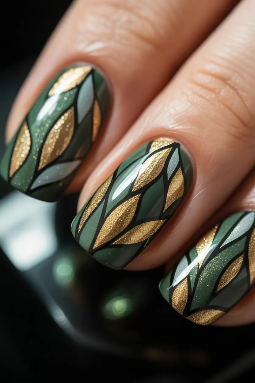 fall acrylic nails Golden Mosaic Leaves on Forest Green