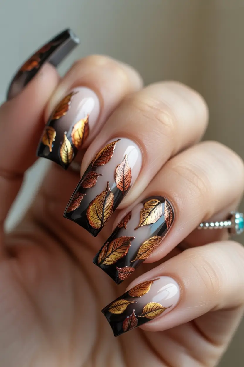 fall acrylic nails Metallic Autumn Leaves on Smoky Tips