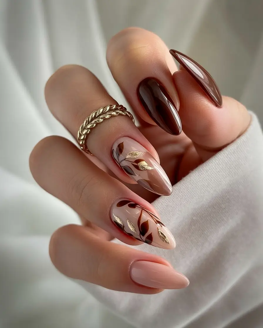 fall acrylic nails Chocolate Fade with Golden Foil Leaves