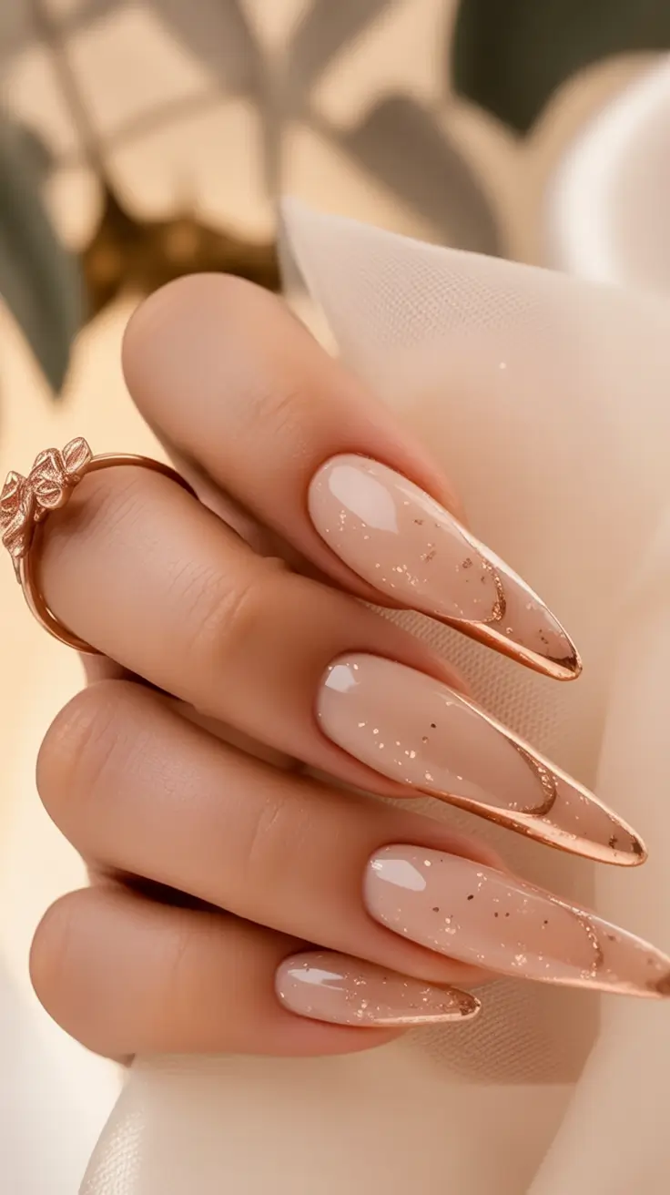 fall acrylic nails Rosé Gold French with Speckled Sparkle