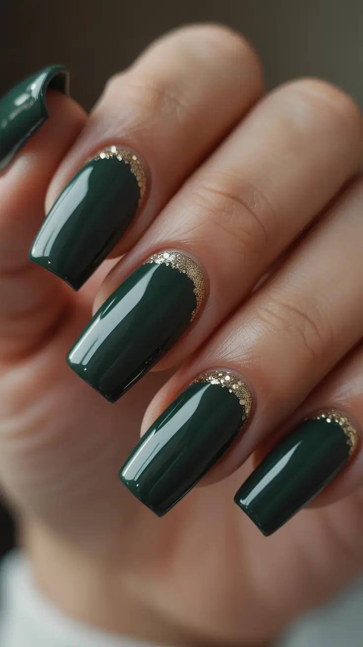 fall acrylic nails Evergreen Glam with a Gilded Touch