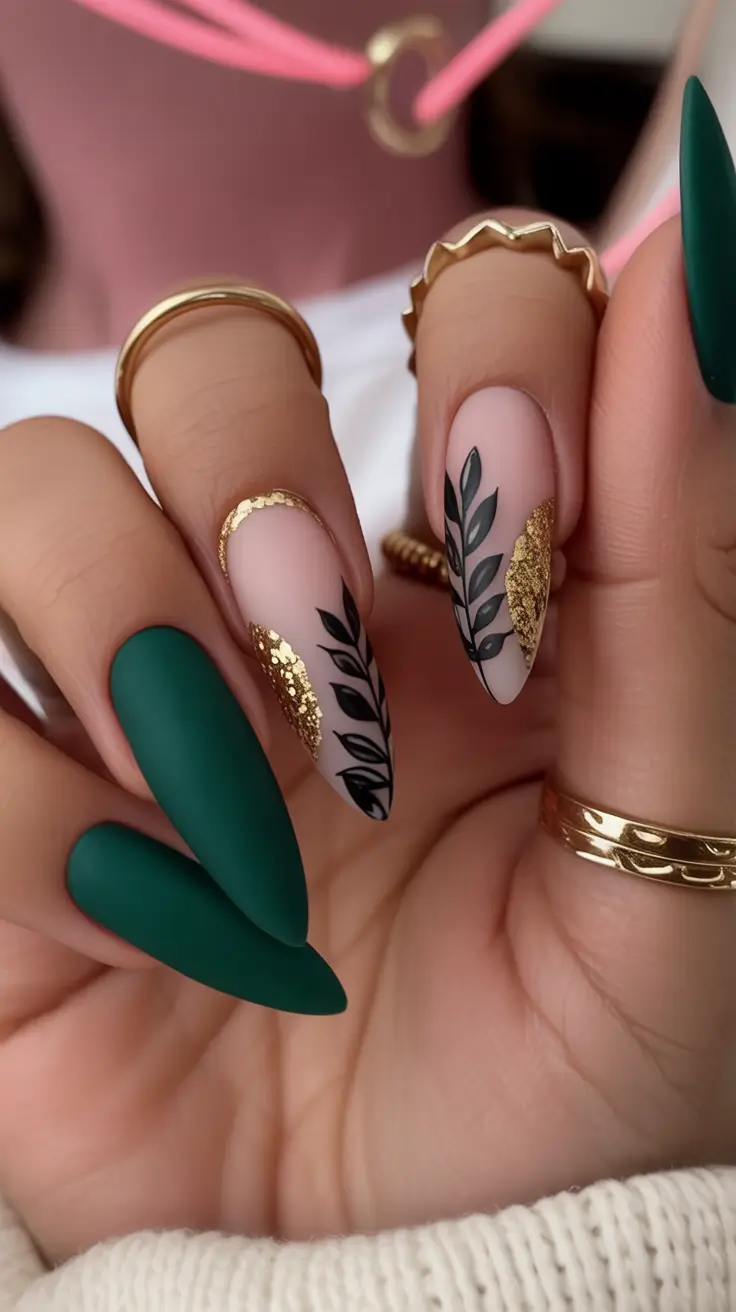 fall acrylic nails Evergreen Matte with Gold Leaf Accents