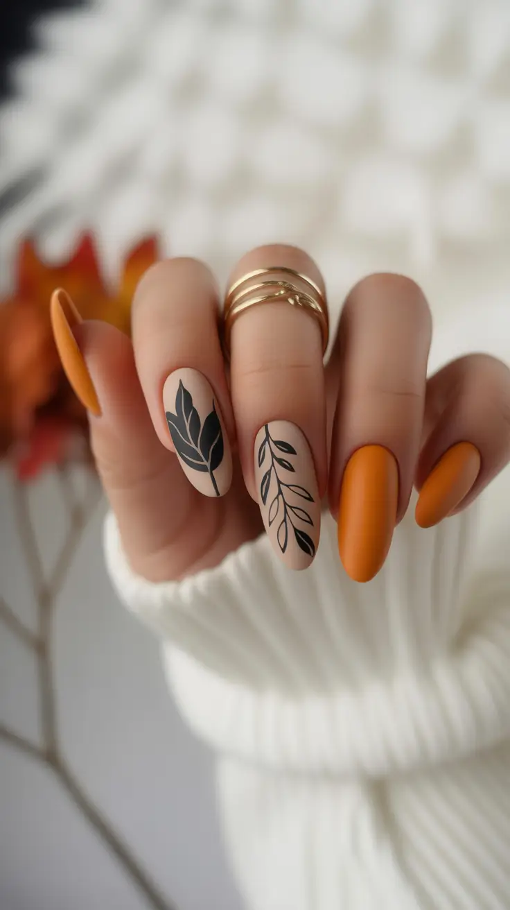 fall acrylic nails Terracotta & Nude with Bold Black Leaf Art