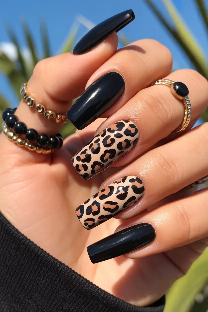fall acrylic nails Jet Black Meets Leopard: The Ultimate Baddie Combo