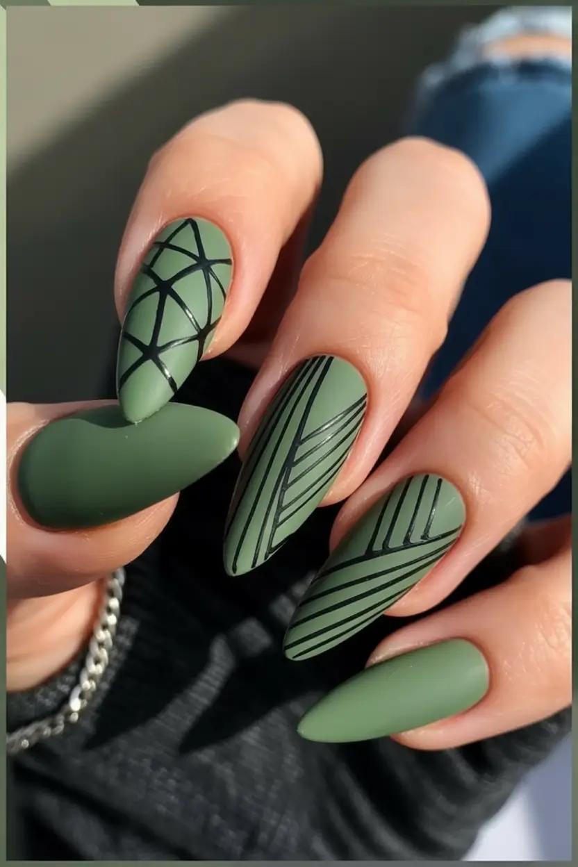 fall acrylic nails Modern Matte Olive with Line Art