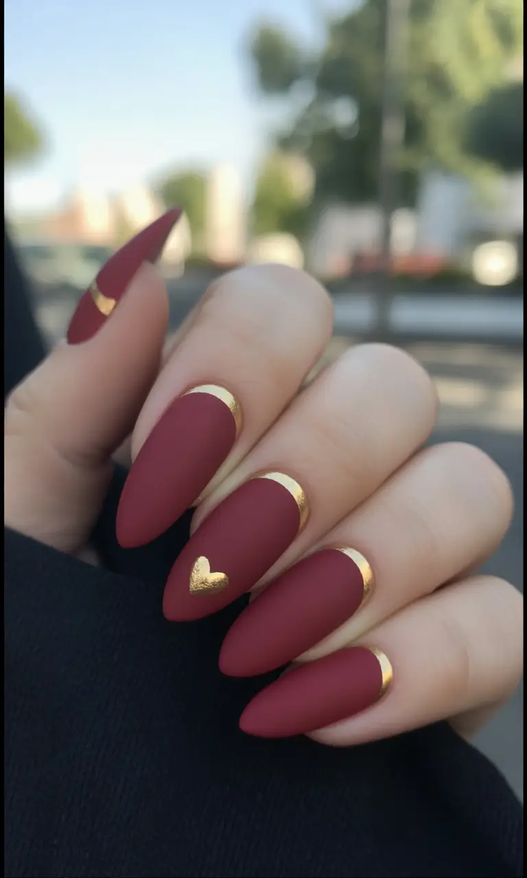 fall acrylic nails Wine Red Romance with Gold Accents