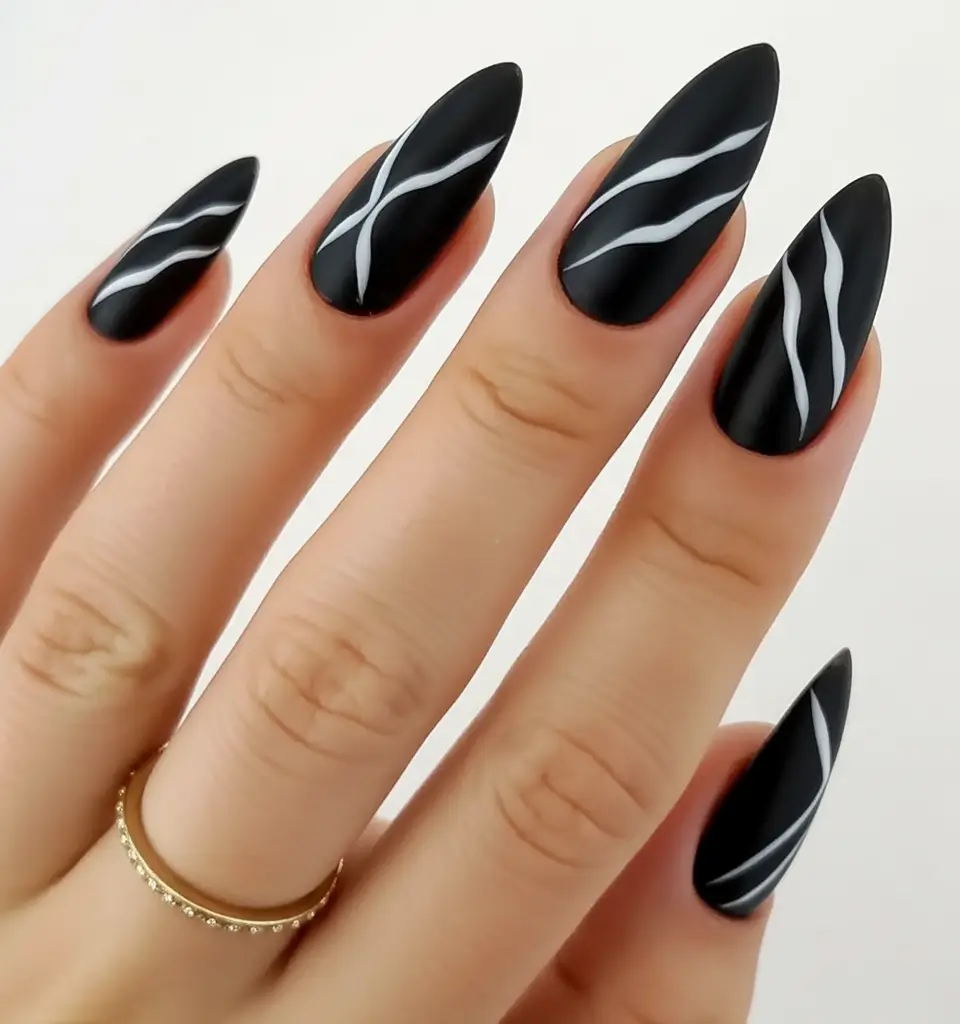 fall acrylic nails Matte Black with Clean White Lines