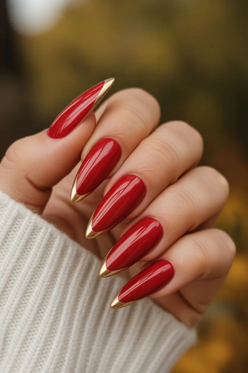 fall acrylic nails Burnt Red with Golden Edges