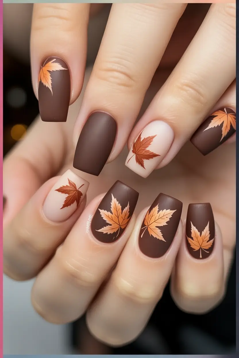 fall acrylic nails Maple Leaf Magic in Mocha