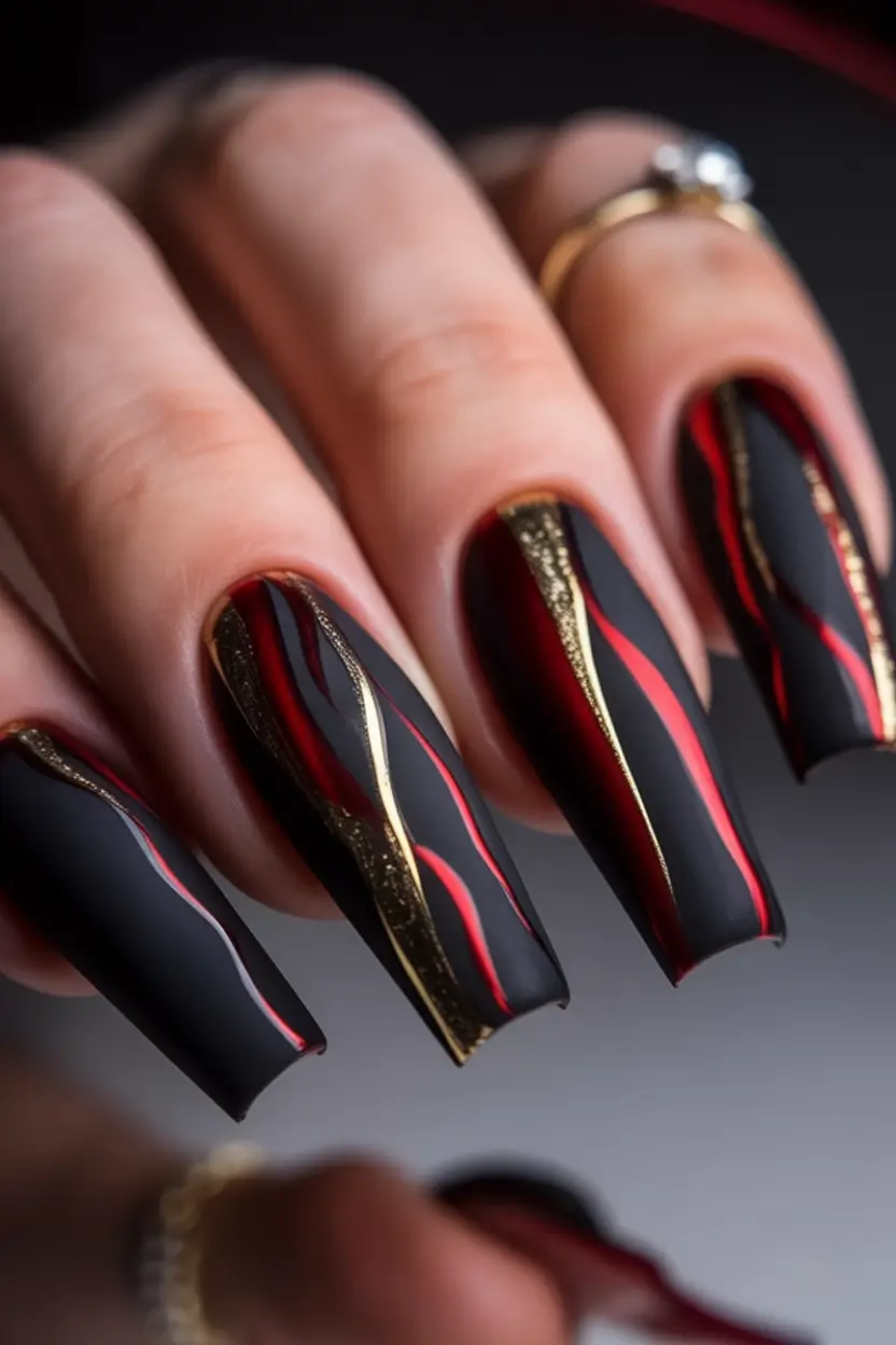 fall acrylic nails Molten Lava Meets Midnight