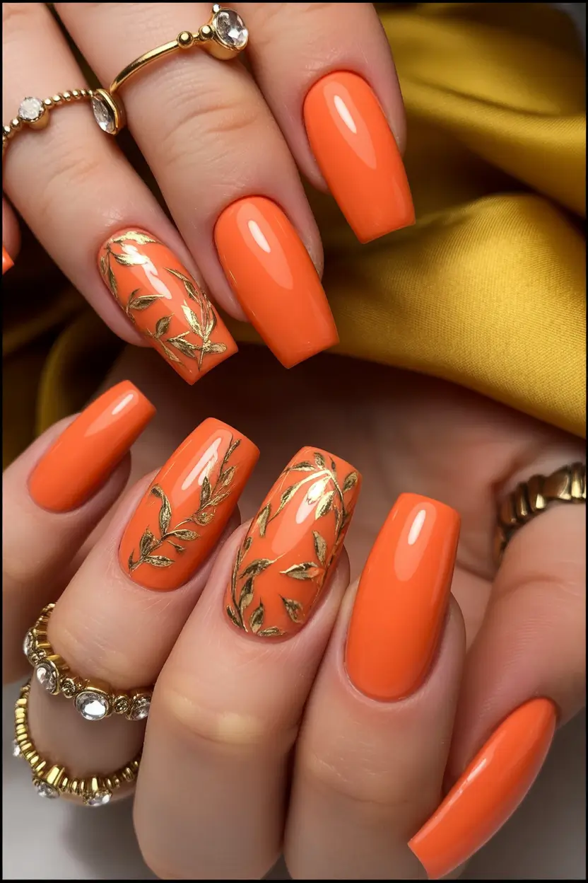 fall acrylic nails Golden Olive Branches on Terracotta