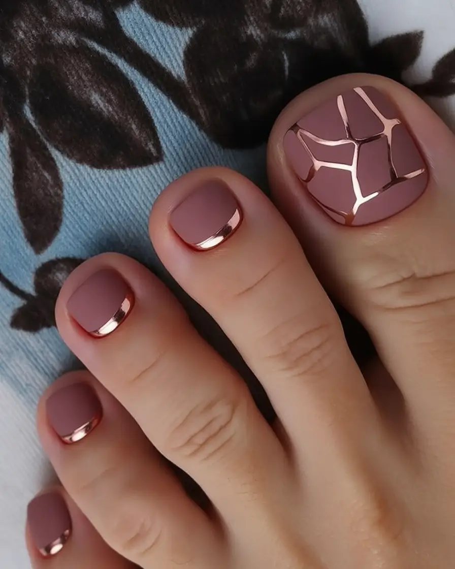 Fall Toe Nail Mauve With Rose Gold Foil