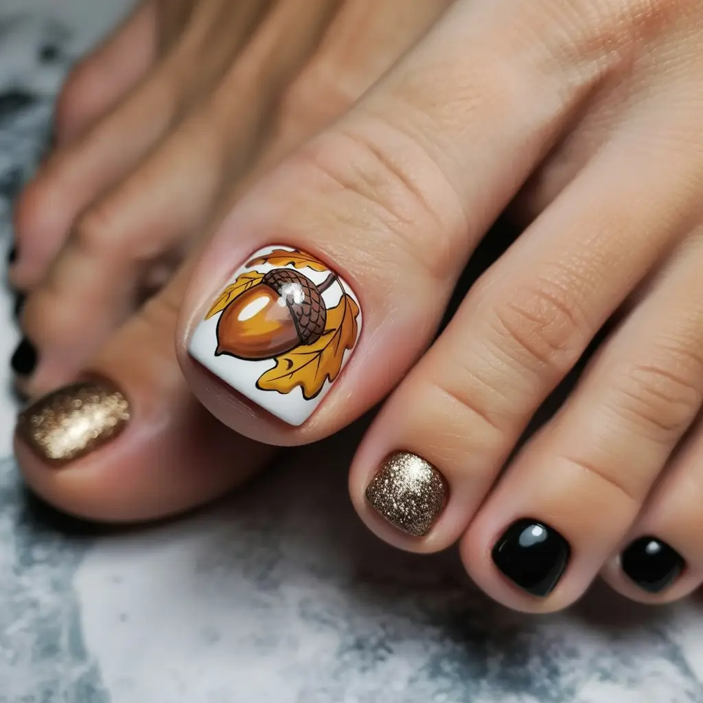 Fall Toe Nail Acorns & Glimmering Gold