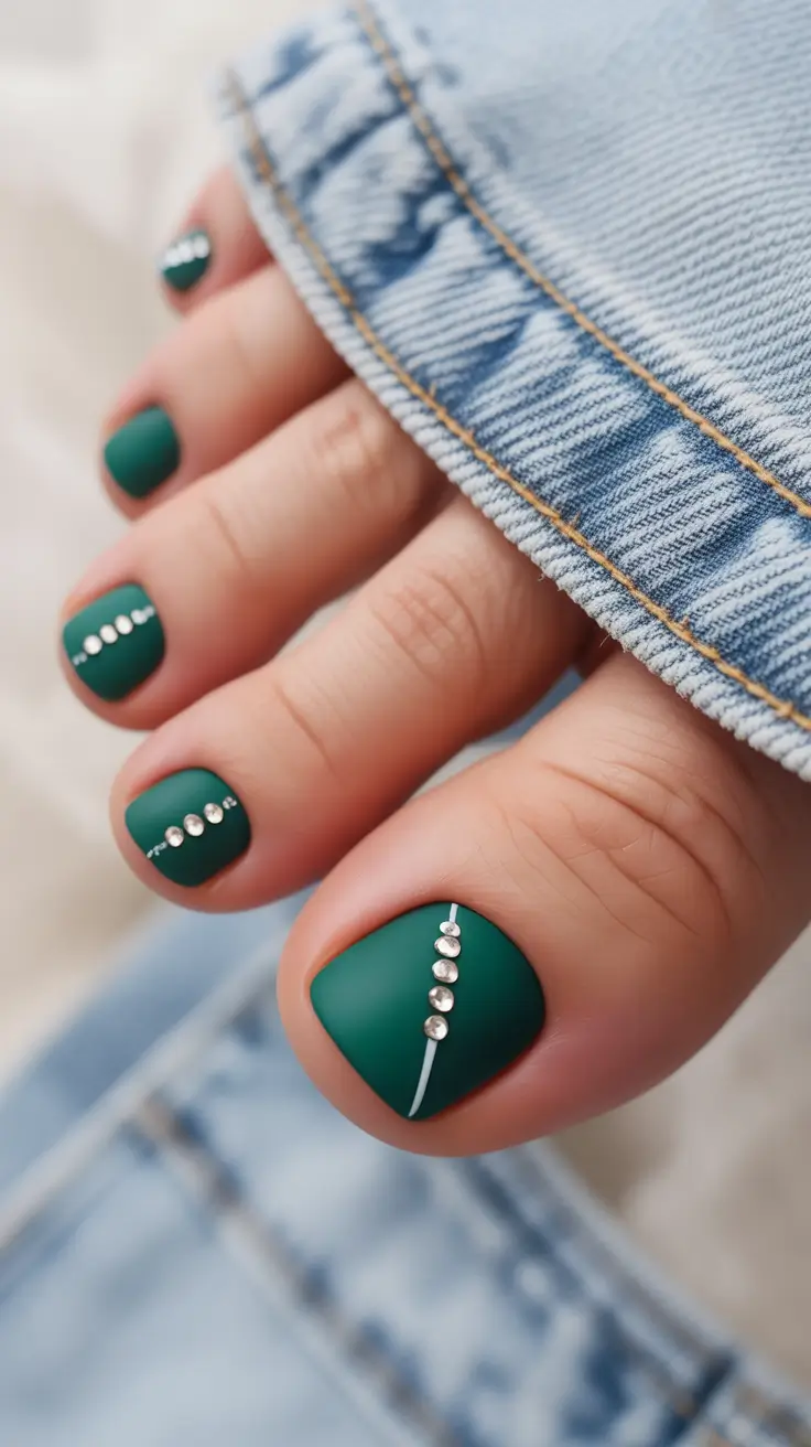 Fall Toe Nail Matte Emerald and Crystal Line