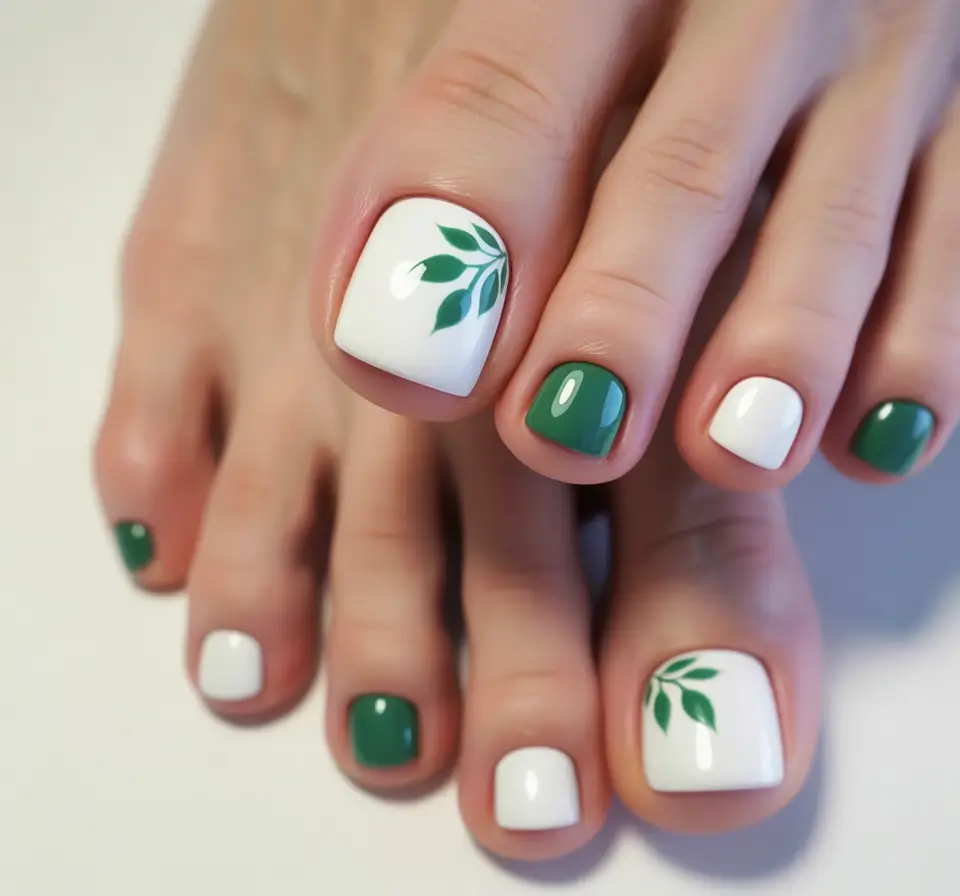 Fall Toe Nail Minimalist Botanical in Green & White