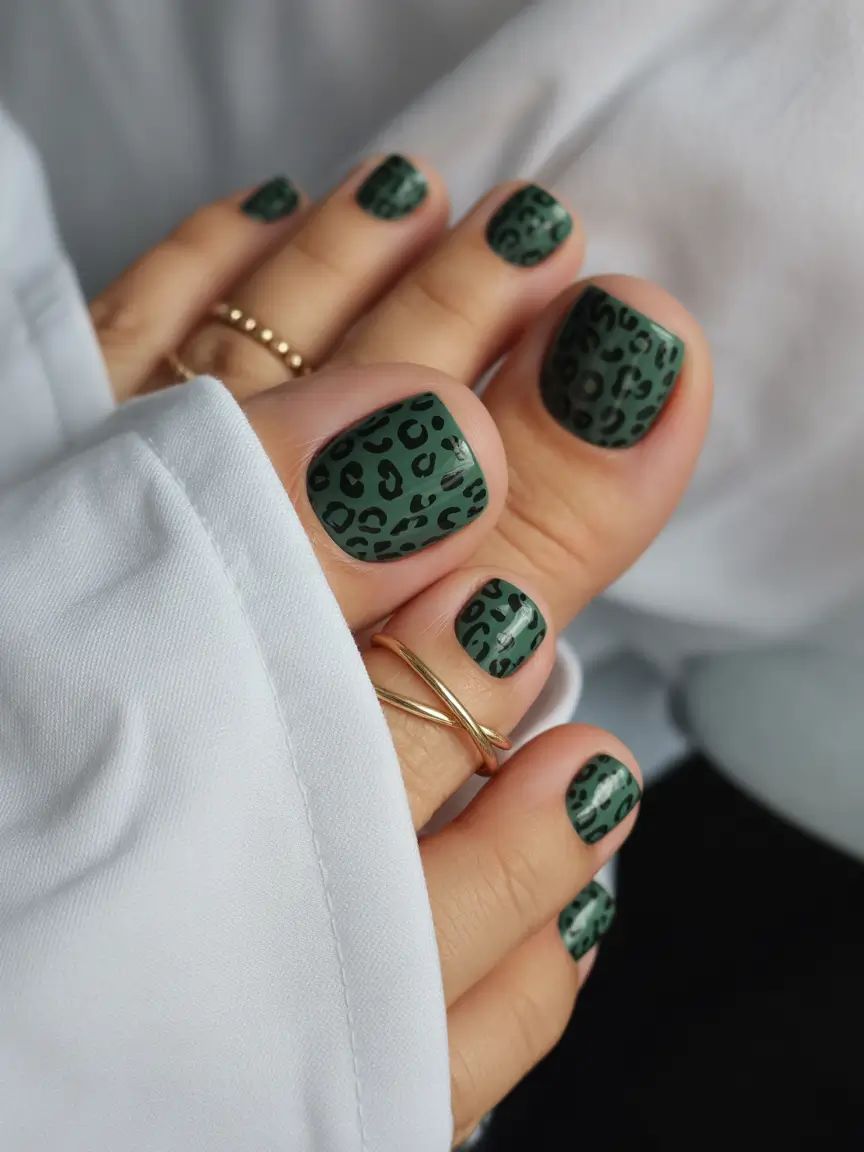 Fall Toe Nail Deep Green With Leopard Accents
