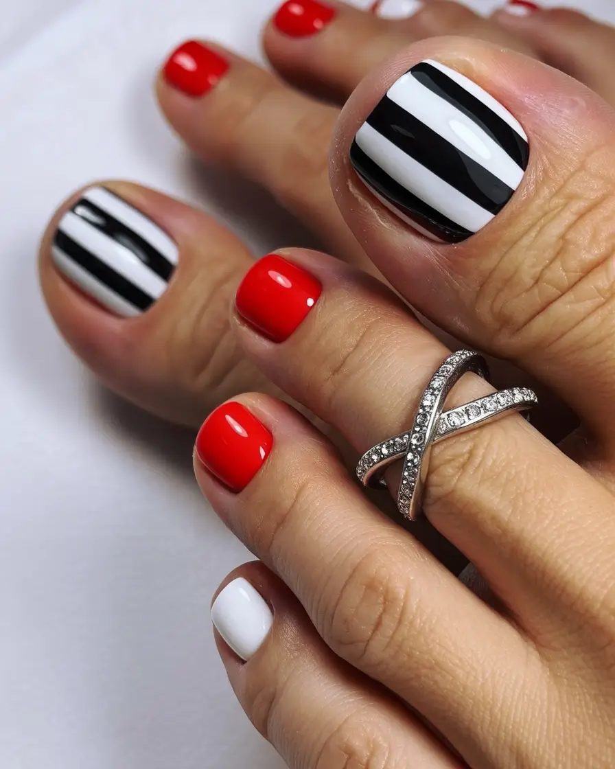 Fall Toe Nail Bold Stripes and Crimson Punch