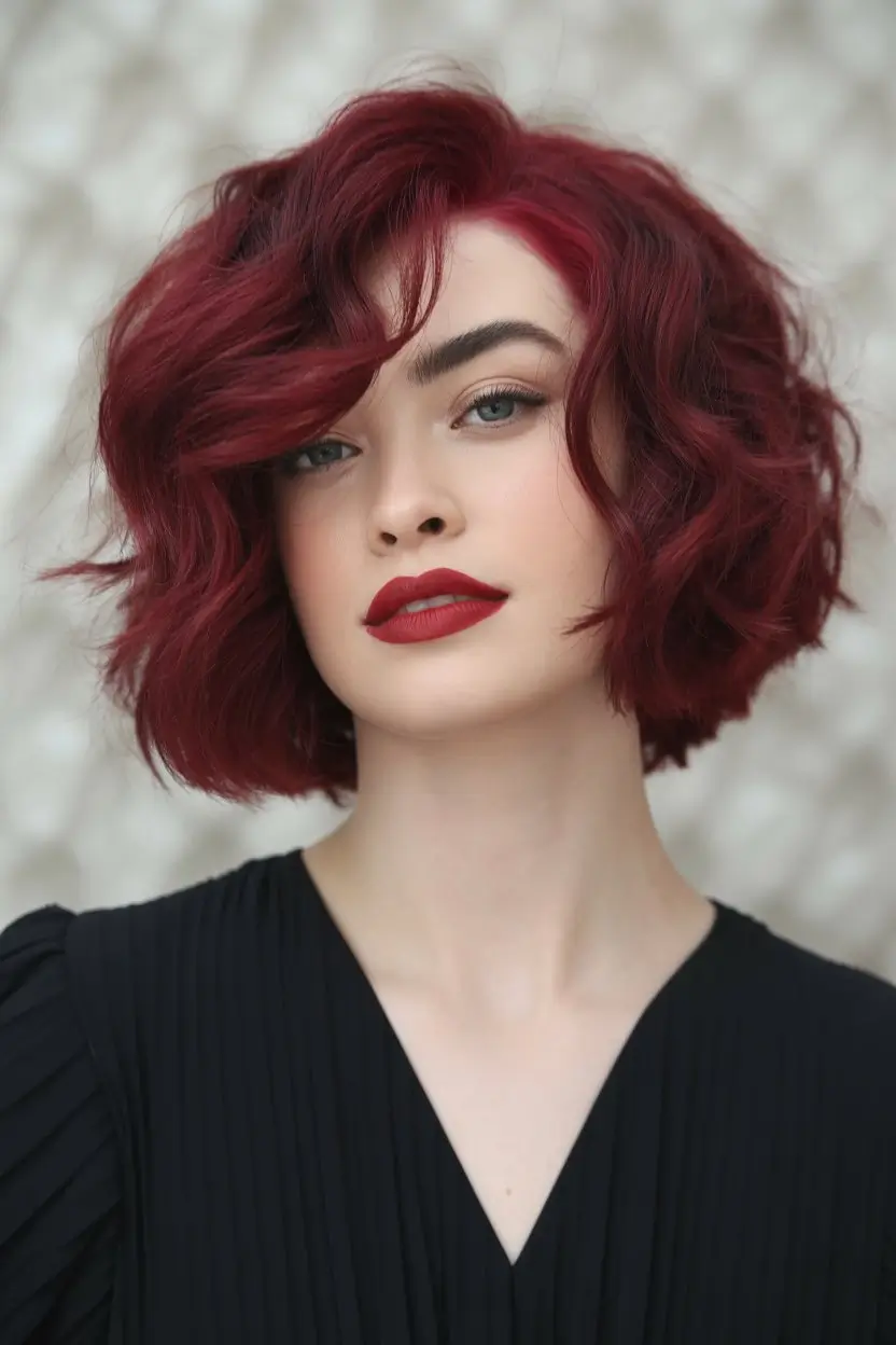 burgundy autumn fall hair colors Velvety Burgundy Bob with Loose Waves