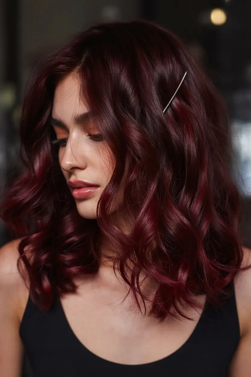burgundy autumn fall hair colors Romantic Burgundy Lob with Subtle Accessory