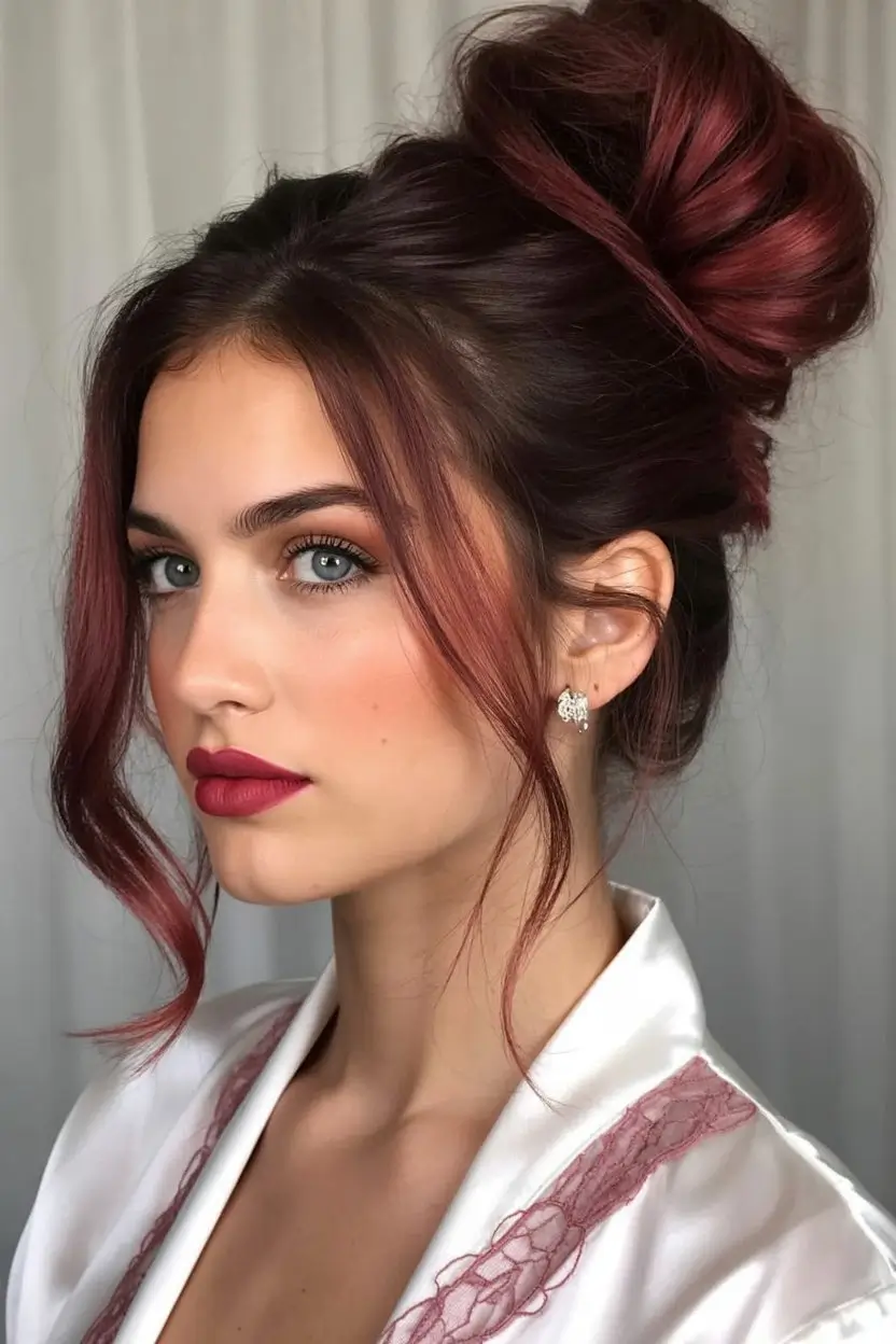burgundy autumn fall hair colors Elegant Burgundy Updo with Loose Strands