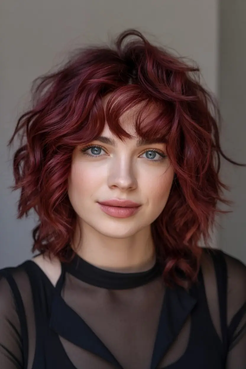 burgundy autumn fall hair colors Textured Burgundy Shag with Fringe