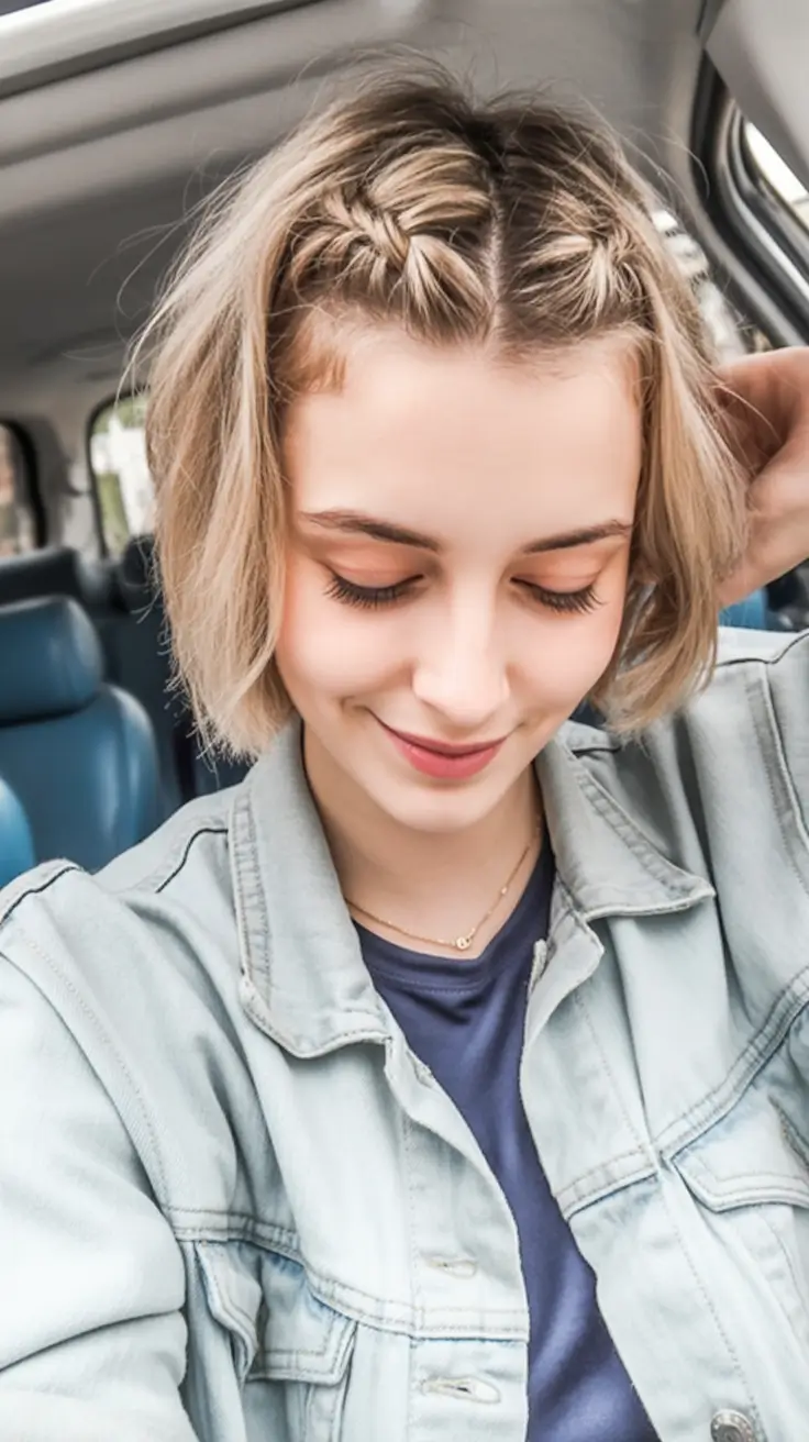 easy fall hairstyles Double Crown Braid on Short Blonde Crop