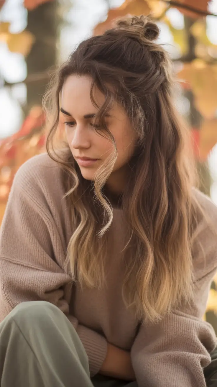 easy fall hairstyles Low-Key Boho Half-Up with Autumn Energy