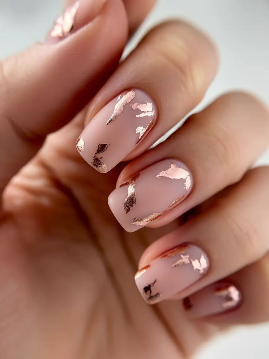 neutral fall nails Rose Gold Foil Accents