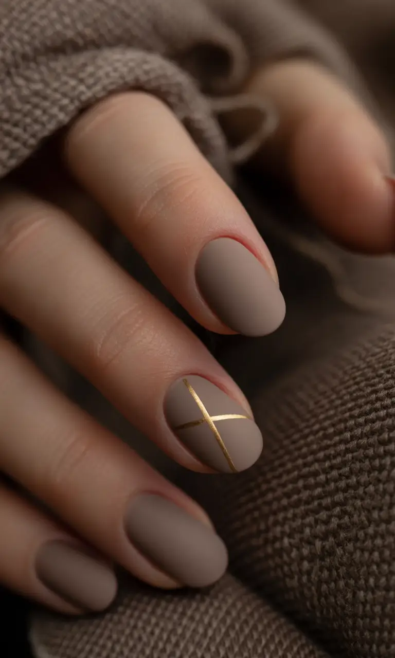 neutral fall nails Matte Taupe with Gold Cross