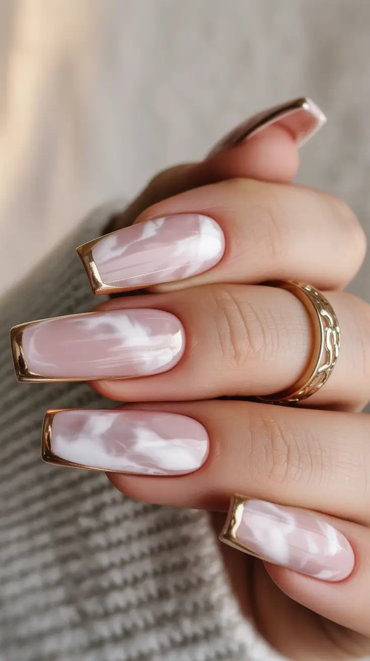 neutral fall nails Marble Luxe with Gold Frames